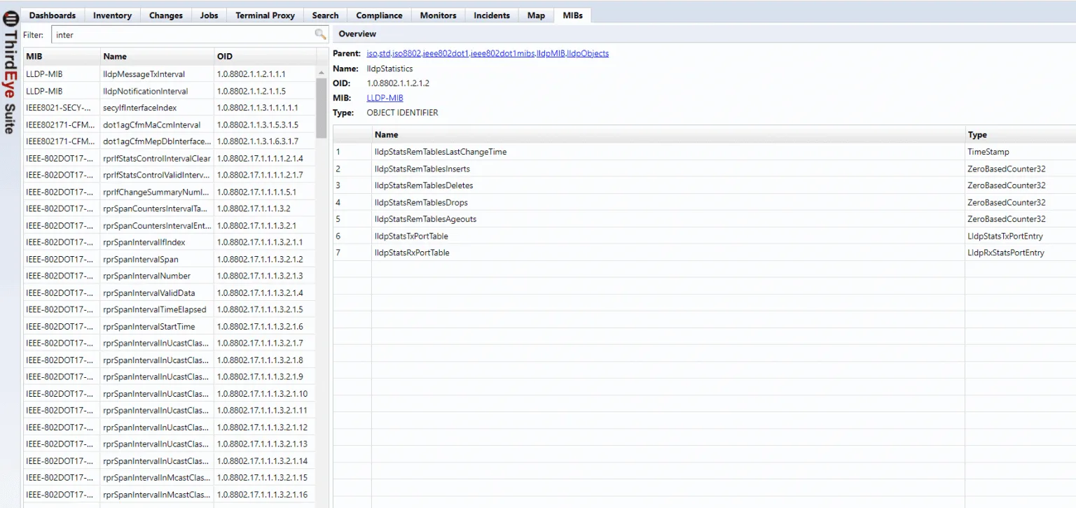 ThirdEye MIB Browser display showing MIB objects and counter details